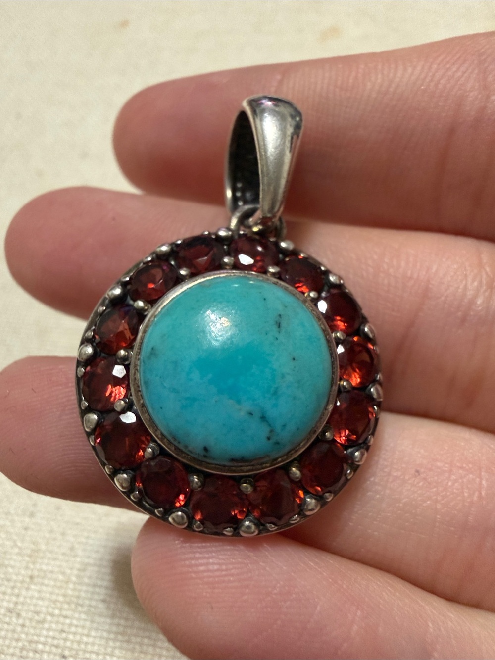 Sterling Silver 925 Thailand Turquoise and Garnet Halo Pendant